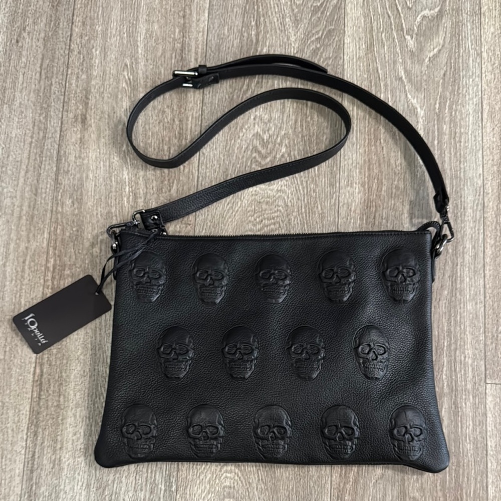NWT IO Pelle genuine leather black skulls crossbody bag